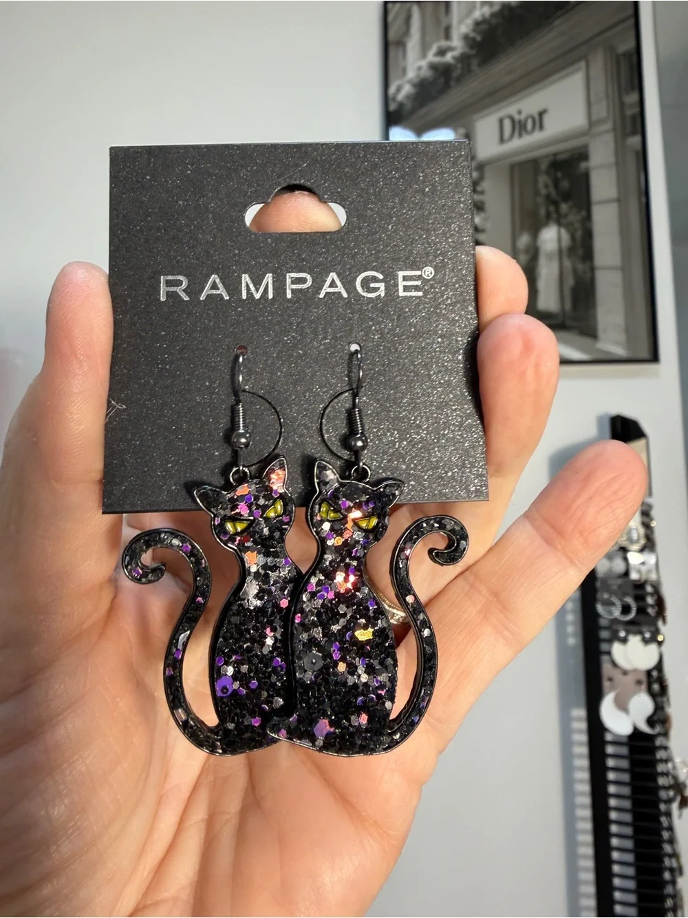 Rampage Black Cat Dangle Earrings with Multicolor Glitter
